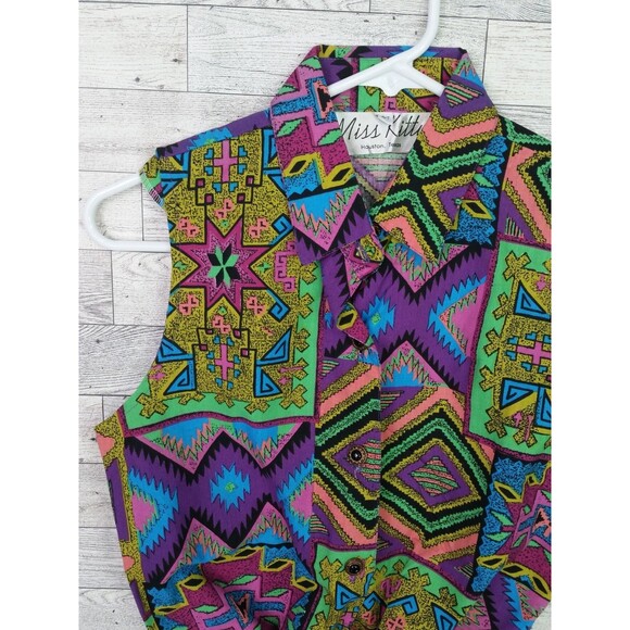 Vintage 80s 90s Miss Kitty Southwestern Aztec Print Tie Up Vest Top Western Sz M - Picture 5 of 10